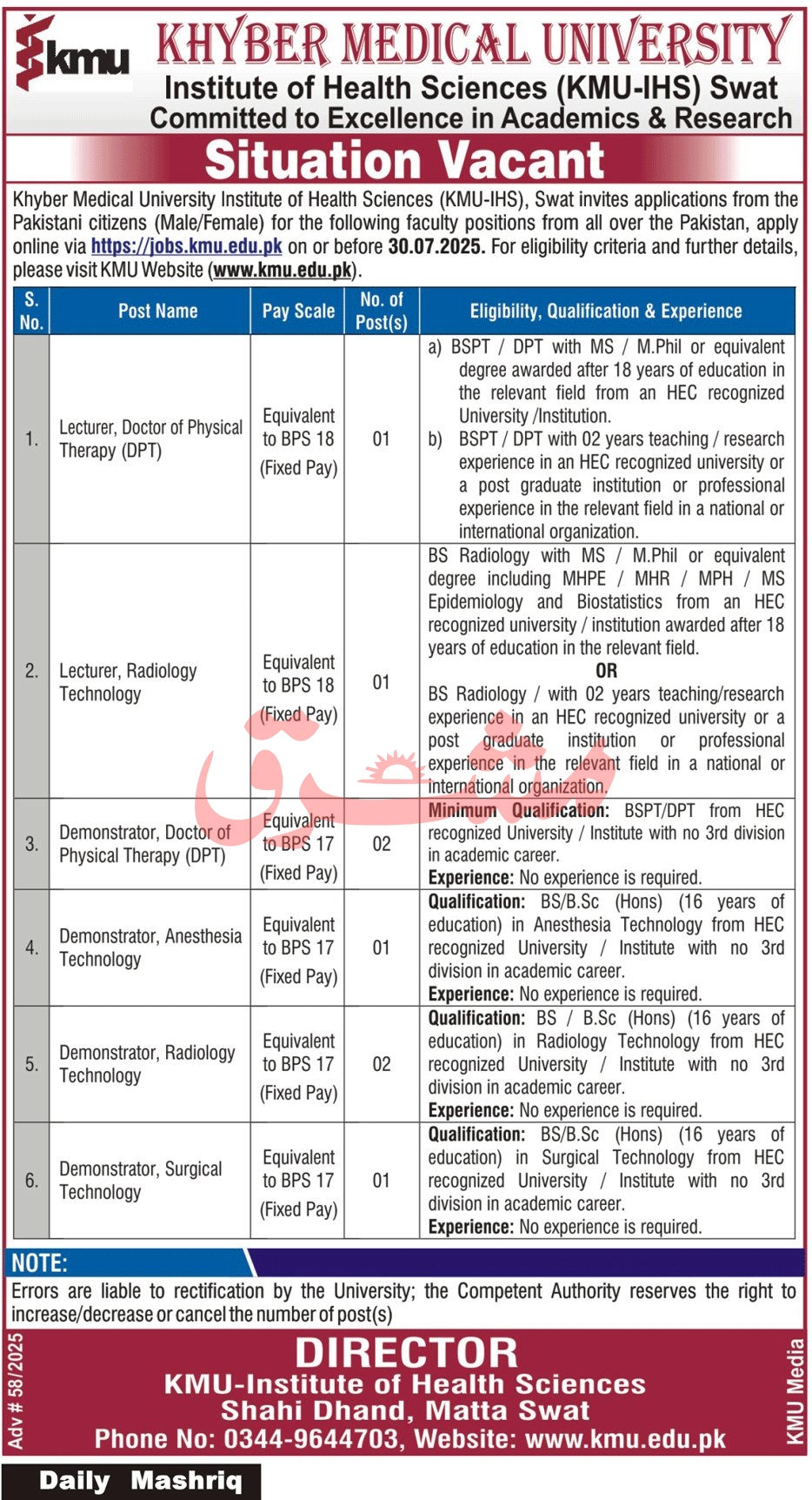 jobs in Khyber Medical University Swat